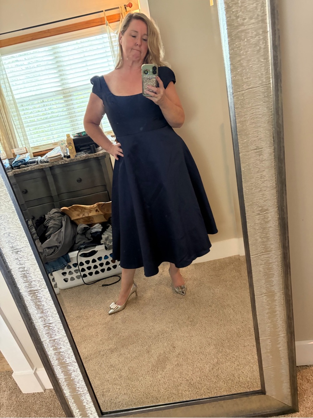 ALFRED SUNG Navy Satin Midi Dress